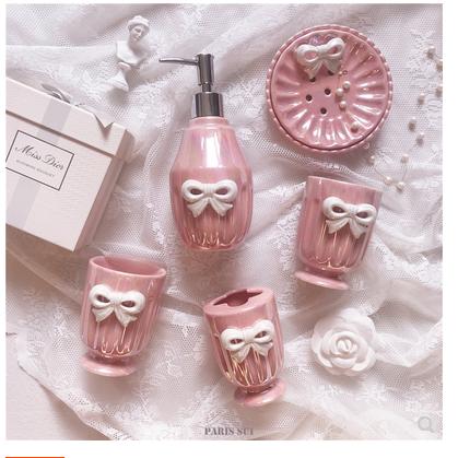 Girl Wind Ceramics White Bow Bathroom Five-piece Suit Toiletries Bathroom Kit Accessories Mouthwash Cup Lotion Bottle Soap Dish
