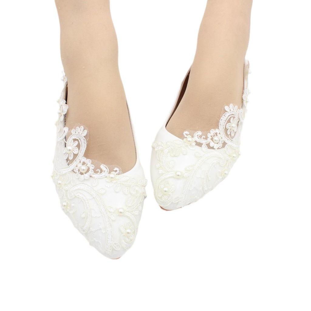 Scarpe Basse da Sposa in PU Opaco con Pizzo Bianco – Fatte a Mano, Punta Affusolata, Suola in Gomma, Taglie Forti Scarpe da Matrimonio Donna BH412203