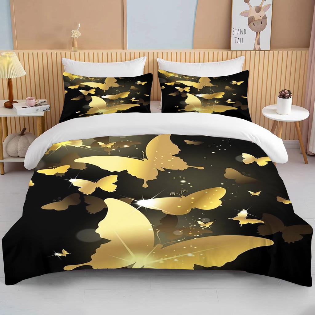 10 Sizes Gold Butterfly Bedding Set Luxury Black Duvet Cover Bedclothes 3d Printed Comforter Bedding Sets For AdultsCute Bed Set