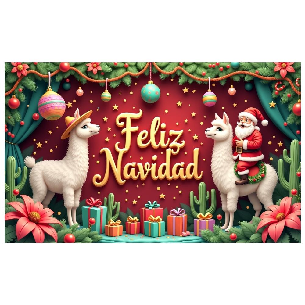 Christmas Banner Colorful Ornaments Navidad Backdrop Santa Claus Background Green Curtains Holiday Display For Christmas Holiday