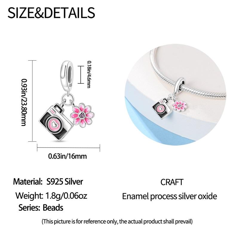 Original Copper Charms Luxury Black Camera Pink Flower Pendant Beads Fit Bracelet Diy Women Making Delicate Gift