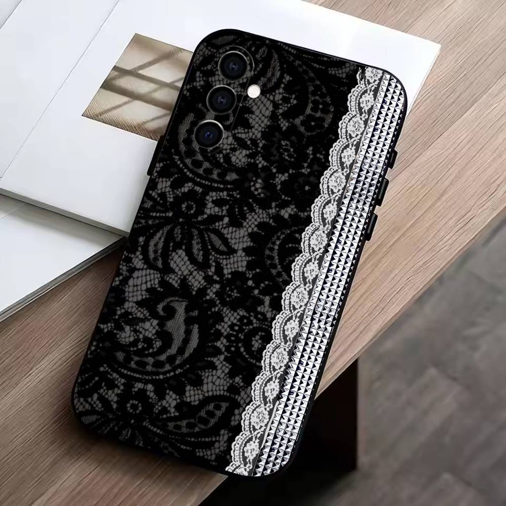 Elegant Black Lace Print Design Phone Case For Samsung Galaxy A73,A72,A71,A70,A53,A52,A51,Others Soft Black Cover