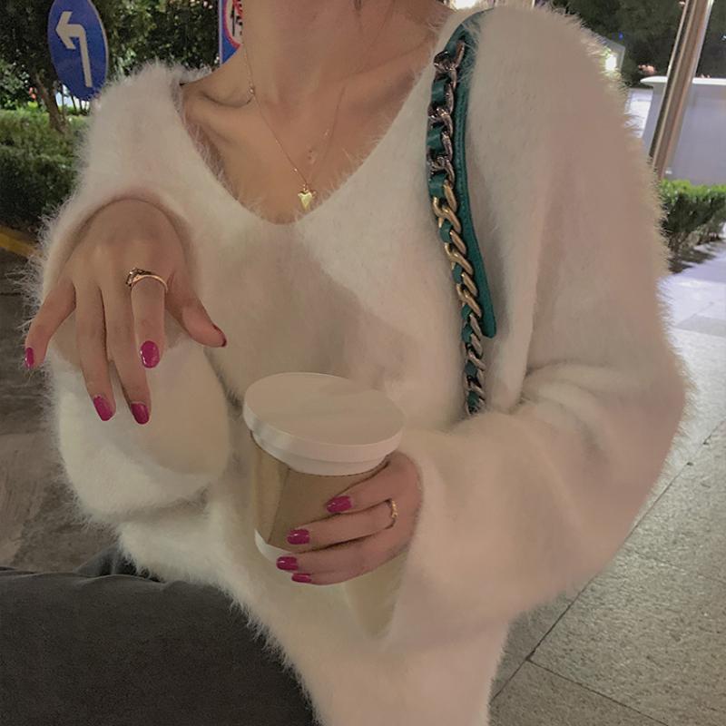 Fashion New Plush V-neck Pullover Sweaters for Women Autumn and Winter Loose Fit Mink Fur Casual Knitted Sweater Women Soft Warm Vintage Jumper 25778