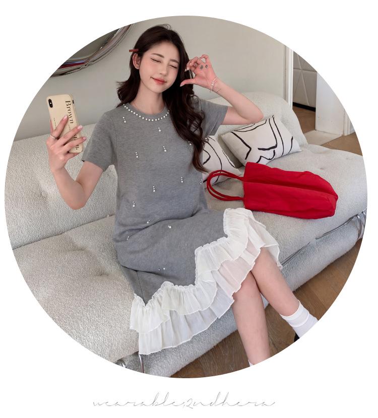 2026 Summer Petite Maternity Knit Dress - Korean Style, Loose-Fit, Slimming, Round Neck