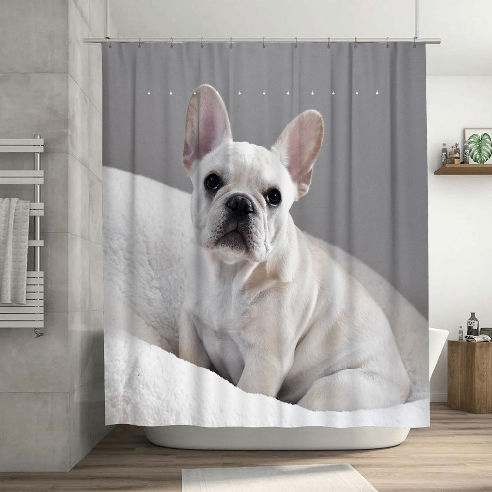 Luxury White Bulldog Print Shower Curtain Waterproof Fabric for Bathrooms Decor Home Furnishings (72x84in)