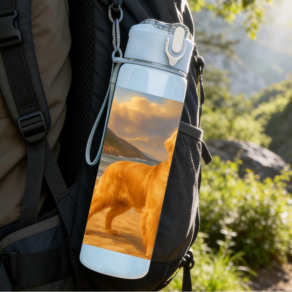 1PC Golden Retriever Beach Scene Print 750ml Color Plastic Sports Water Bottle Leakproof Flip Straw Lid Suitable for Sports Office Home Use