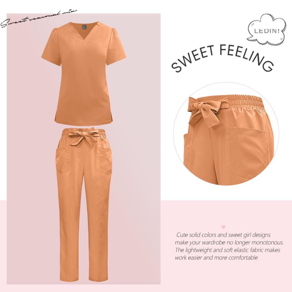 Surgical Uniforms Woman Fashion Bow Belt Nursing Scrubs Set Medical Uniform Top Pants Hospital Clinical Suits Beauty Spa Clothes