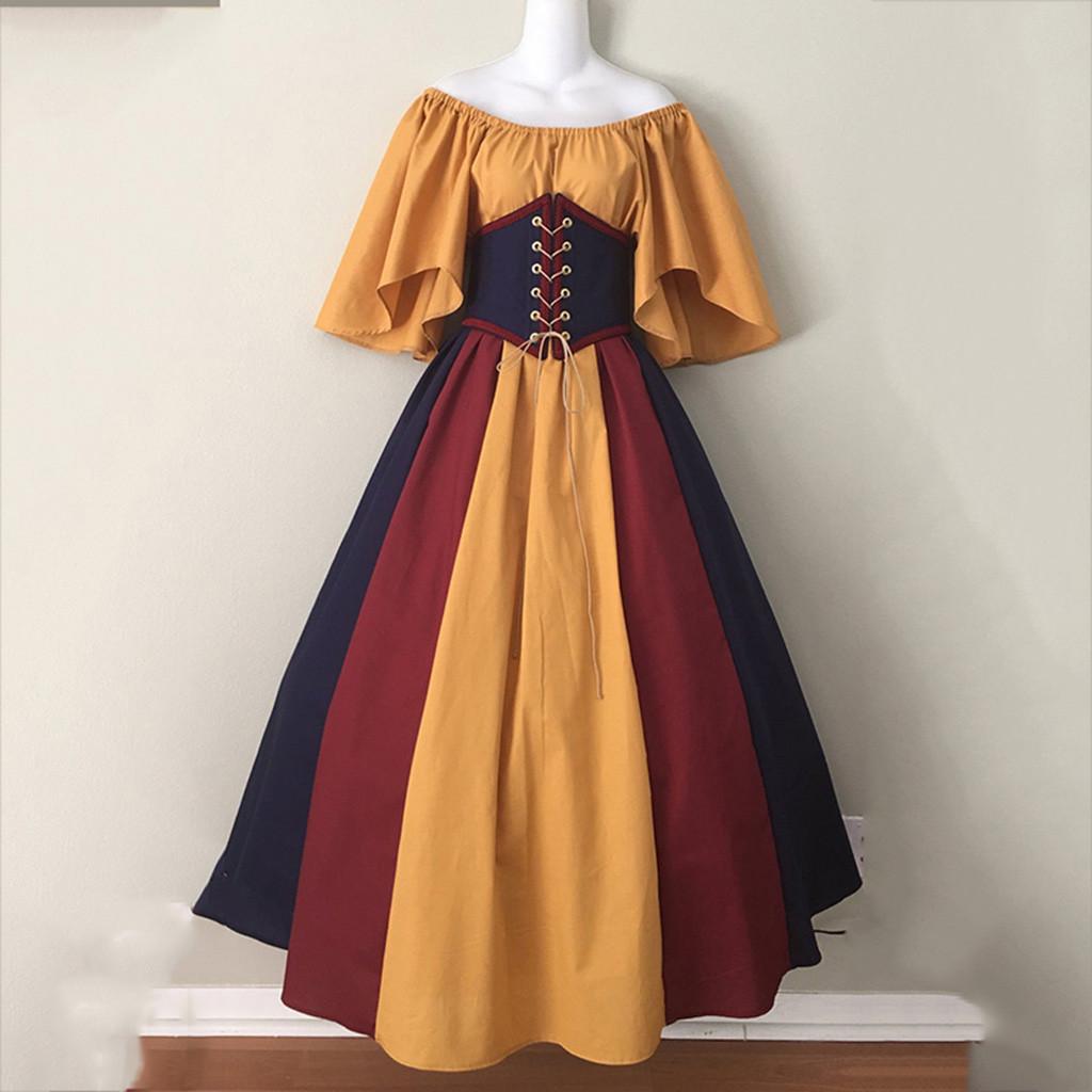 Medieval Retro Color Block Off-Shoulder Slim Fit Dress with Fly Sleeves and Big Swing Skirt - Women's Cosplay Costume