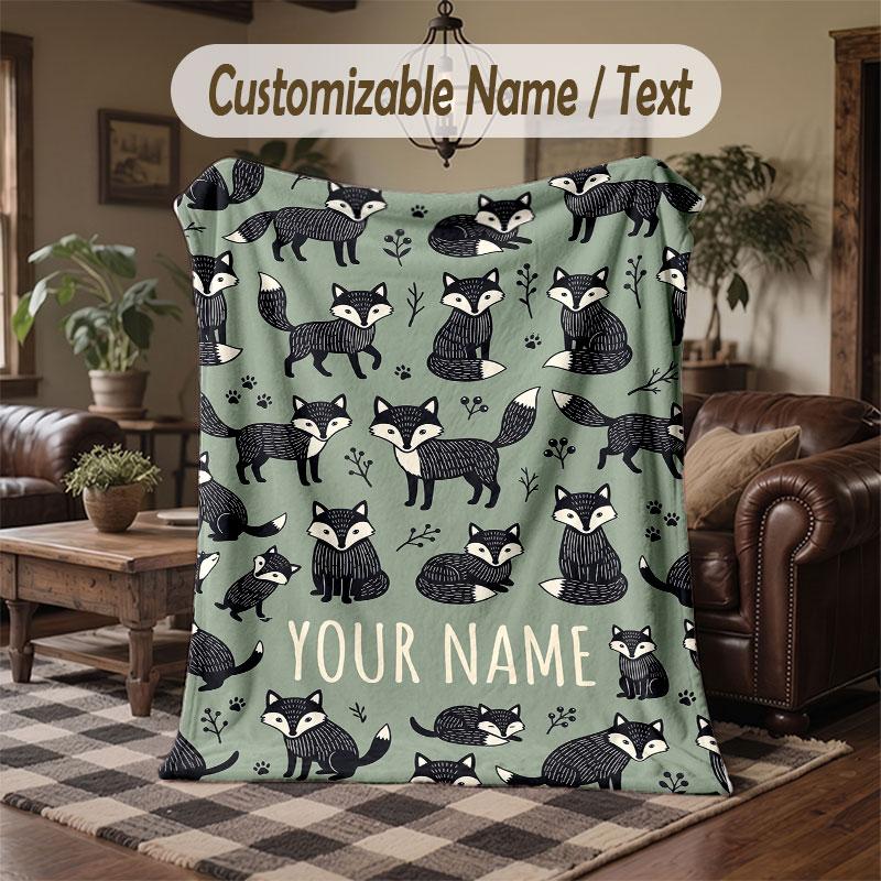 Wolf Fox Theme Throw Blanket Custom Name Text Personalized Blanket Soft Cozy Blanket for Home Sofa Bed