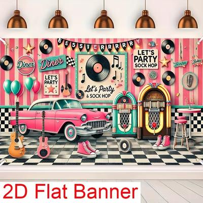 2D 50s Rock Sock Hop Backdrop Banner, Retro Jukebox & Classic Car Theme Party Background Banner for Birthday Party