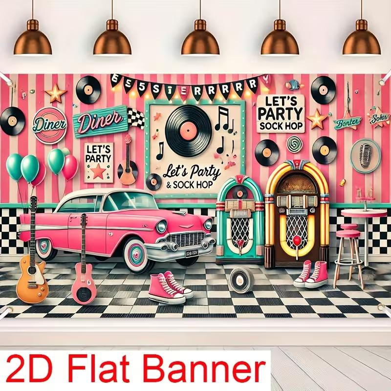 

2D 50s Rock Sock Hop Backdrop Banner, Retro Jukebox & Classic Car Theme Party Background Banner for Birthday Party 47.2x31.5inch/120*80cm