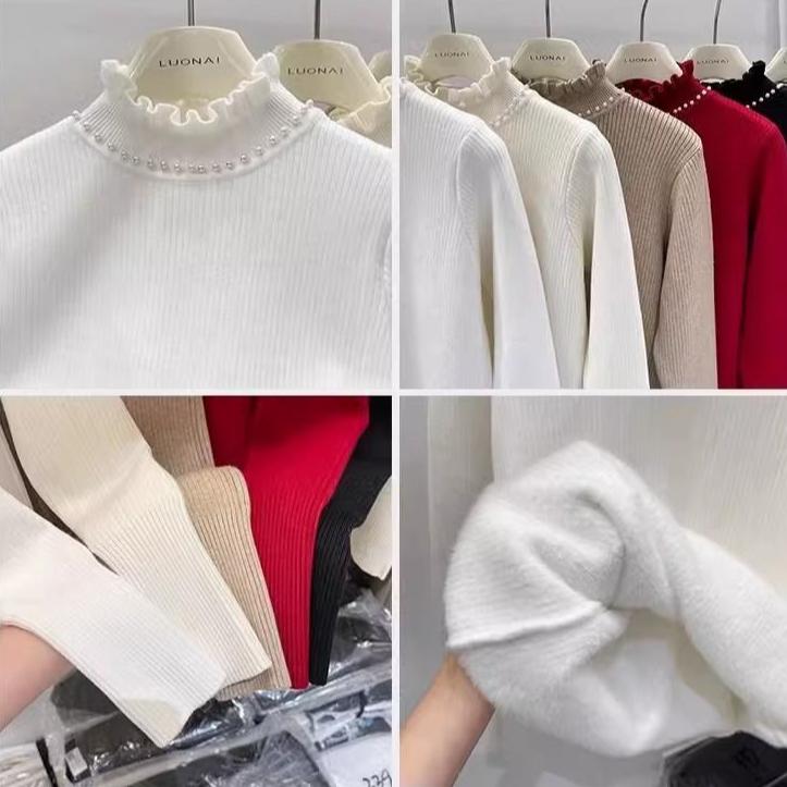 Thickened Velvet Sweater Women's Wooden Ear Nail Bead Knitted Sweater Solid Color Warm One Fleece Inner Hoodie