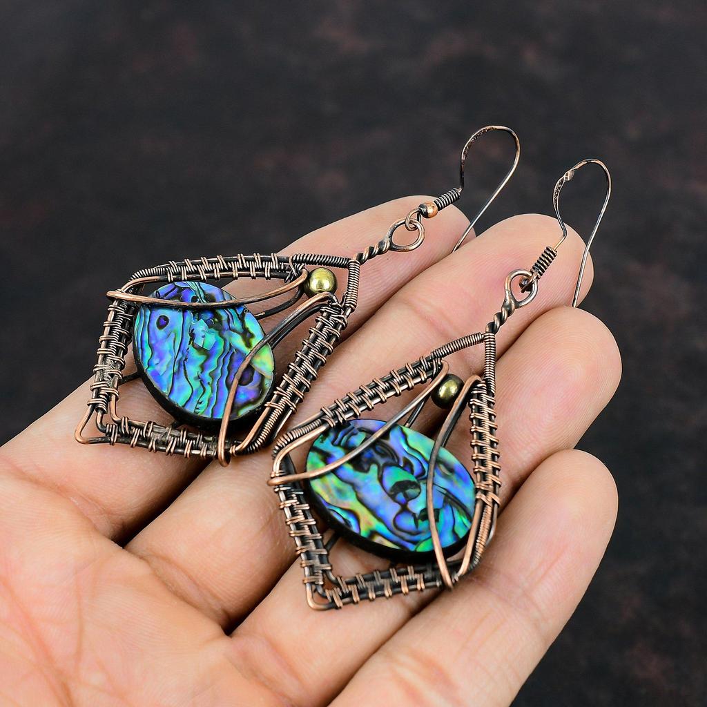 Abalone Shell Earring Copper Wire Wrapped Earrings Handmade Gemstone Earring Abalone Shell Jewelry Amazing Earrings Copper Wire Wrap Jewelry