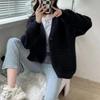 Loose temperament plush V-neck cardigan women's solid color sweater autumn and winter age-reducing long-sleeved knitted sweater outer top