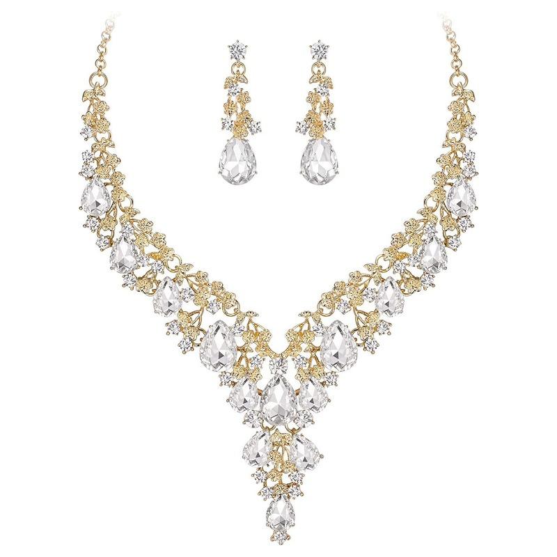 Bridal Fashion Necklace Earrings Crystal Banquet Jewelry Set
