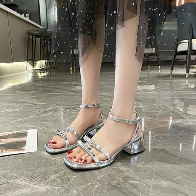 New Summer Block Heels Beige Heeled Sandals Clear Shoes Buckle Strap Chunky Black Comfort Outside Low New Fashion Velvet Girls
