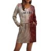 Women's Fashionable V-neck Long Sleeved Drawstring With Pocket Halloween Printed Casual Dress