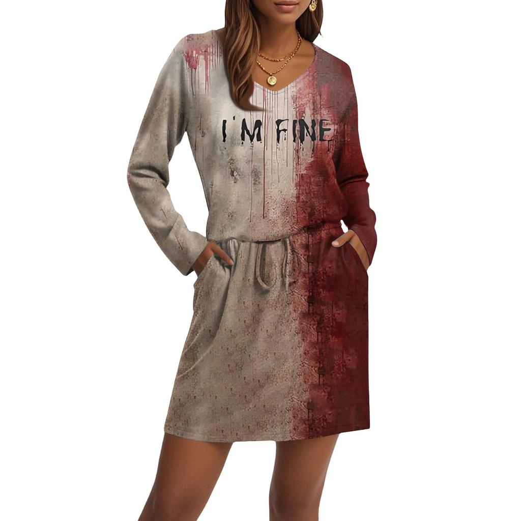 Women's Fashionable V-neck Long Sleeved Drawstring With Pocket Halloween Printed Casual Dress