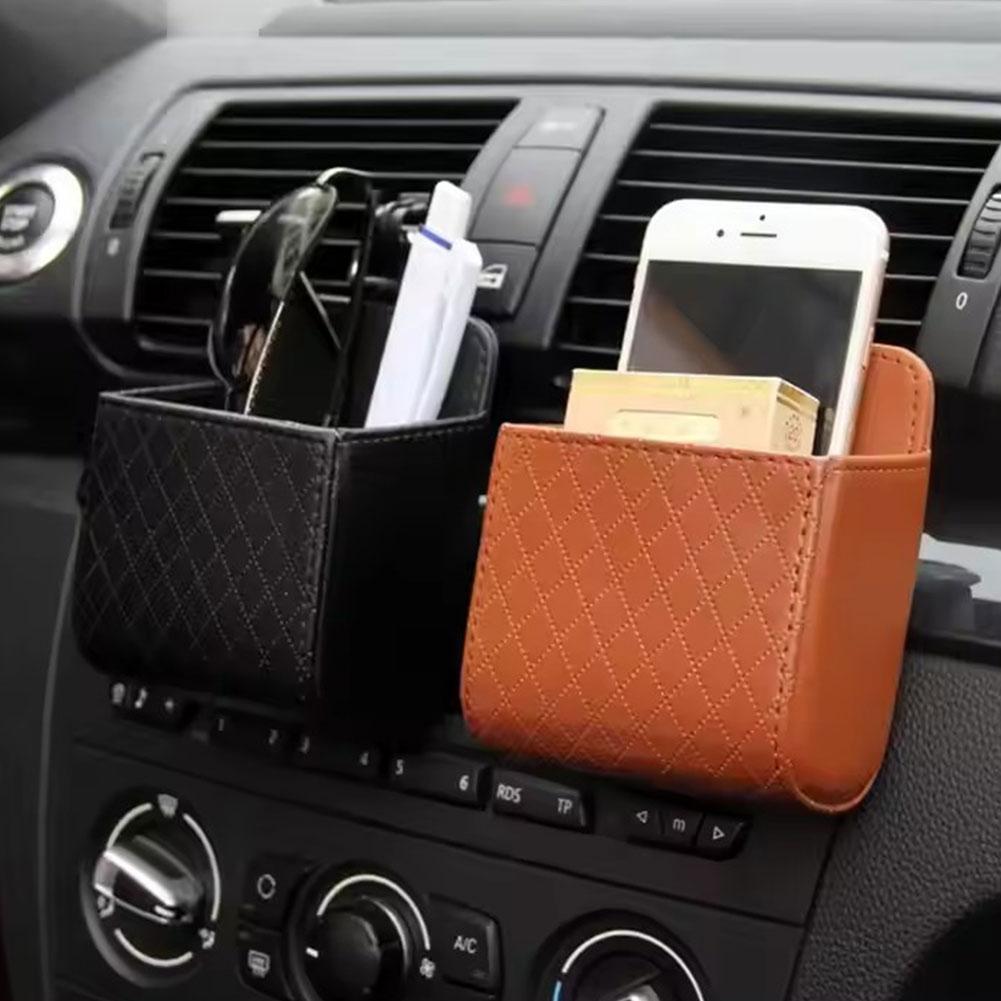 Multi-functional Car Storage Box-Leather Hanging Pocket For Vent, Glasses,Fits Phone, Cigarettes, & Cards Car Accessories H6A9