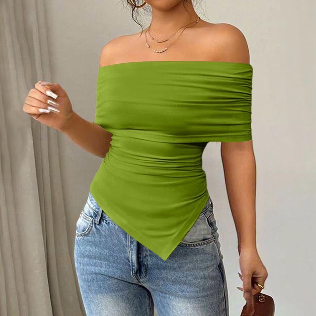 Women's Fashionable And Versatile Color Strapless Off-shoulder Irregular T-shirt Top