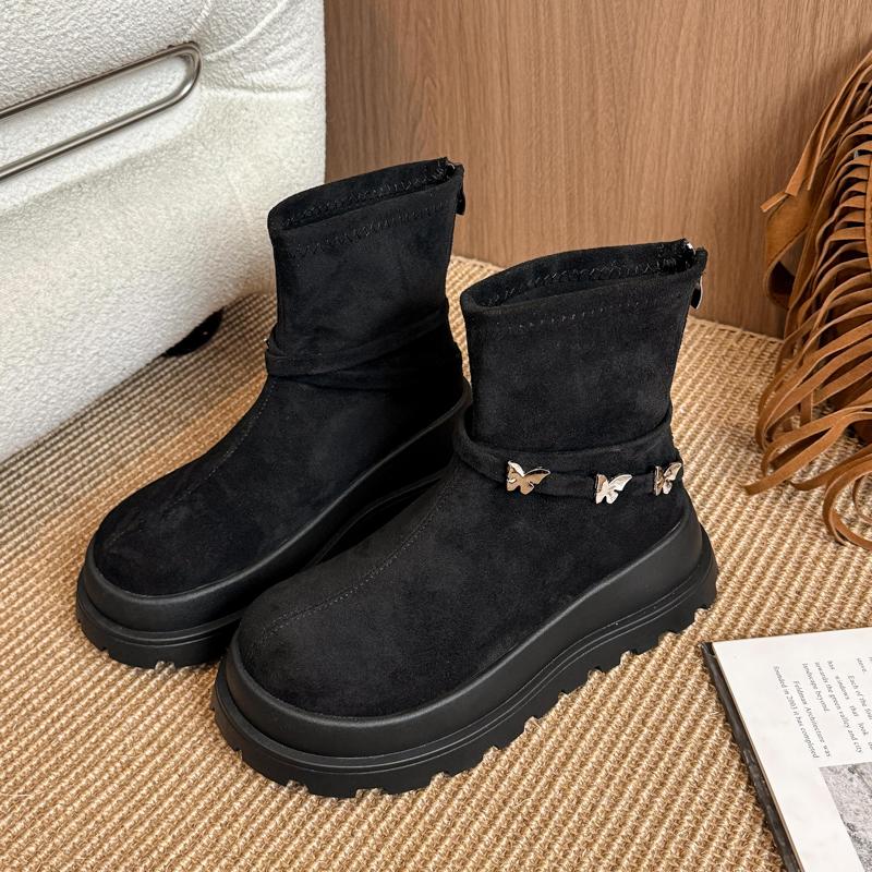 Fashion Metal Butterfly Decoration Suede Boots Women 2025 Autumn Chunky Platform Wedge Heel Boots Rear Zip Thick Bottom Booties