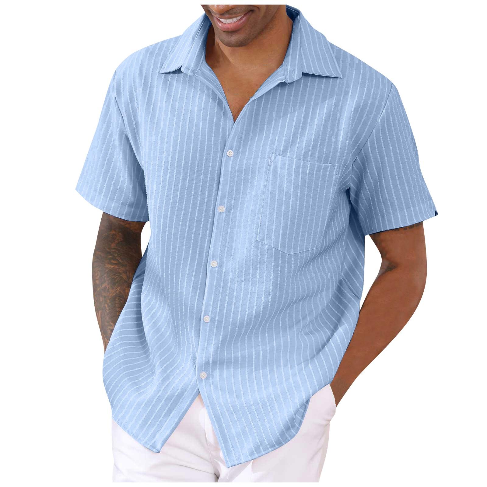 Summer Men s Lapel Button Short Sleeved Shirt Stripe Casual Top L