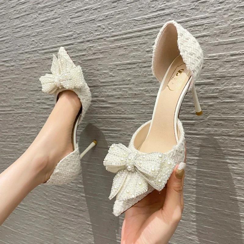 Fashion Luxury Pearl Crystal Bowtie White Wedding Shoes Women Spring Brand Designer High Heels Pumps Woman Thin Heeled Party Shoes