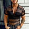 Men Patchwork Mesh Sheer Short Sleeve T-Shirt Casual Thin Lace Undershirts