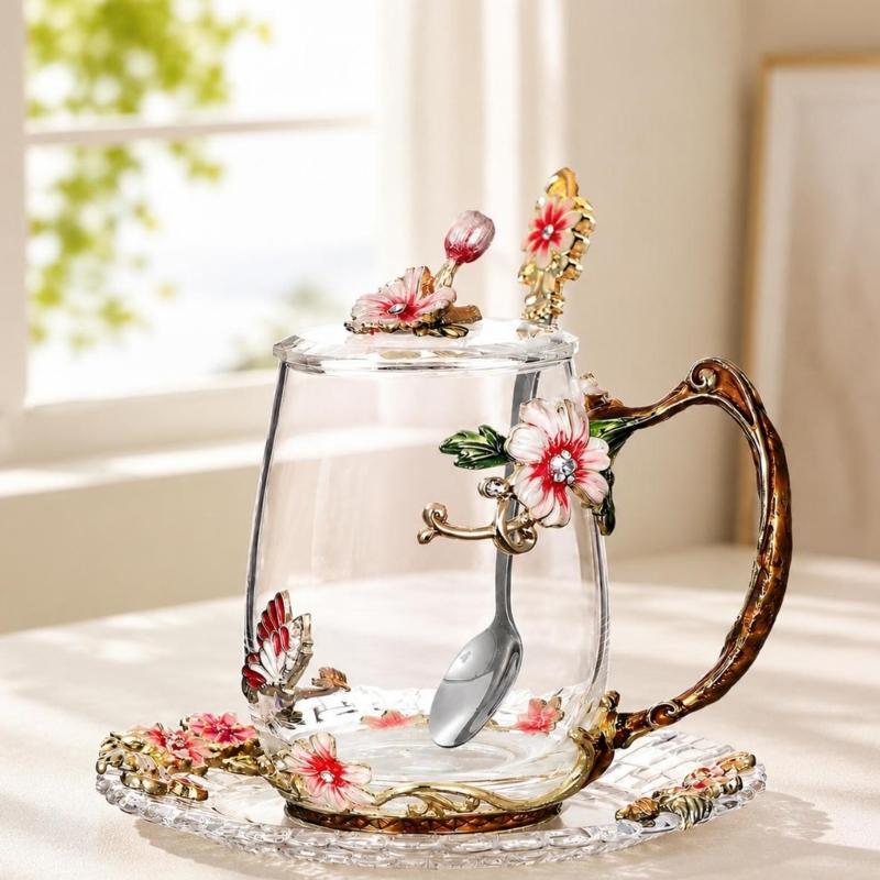 Clear Glass Tea Cup Set with Lid Spoon and Tray, Butterfly Cup Service for Breakfast Beverage and Household Use