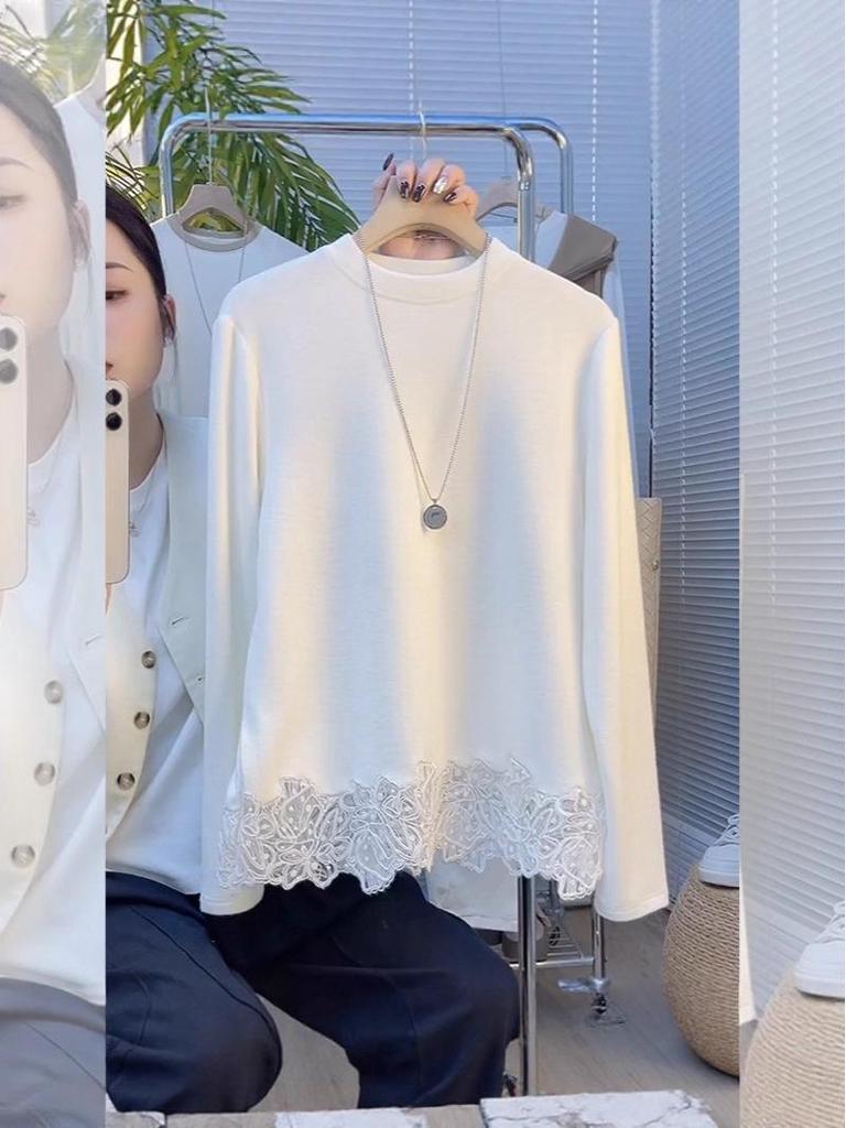 This Year's Popular Korean-Style Lace Splicing Thermal T-Shirt for Women: White Inner Layer Base Shirt Niche Top