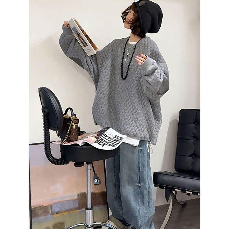 

Goods Plus Size Gray round-Collar Sweatshirt Female New Arrival 2025 Spring and Autumn Best-Selling Quilted Quilted Mid Length Long Length Loose Tops Blue Denim 2XL