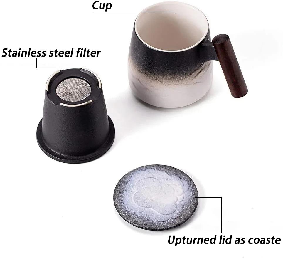 Vintage Ceramic Mugs Wooden Handle Tea Cups with Elegant Strainer and Lid Portable Unusual Coffee Mug Aesthetic Personalized Gifts for Father