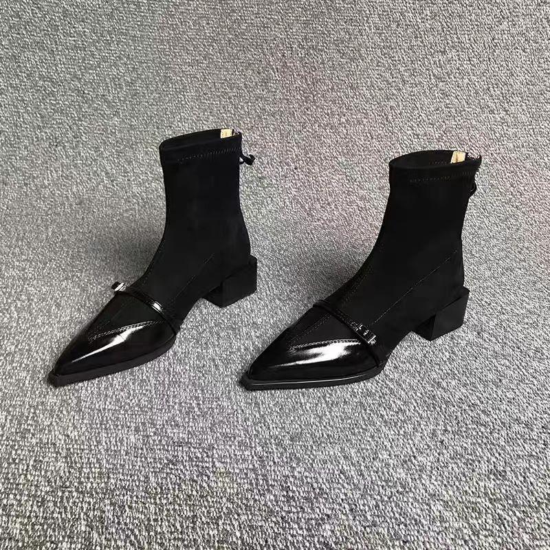 Short Boots Women's 2025 Winter Thick Heel Pointed Women's Leather Shoes Retro Cowhide Splicing Short Boot Thin Ankle Boots