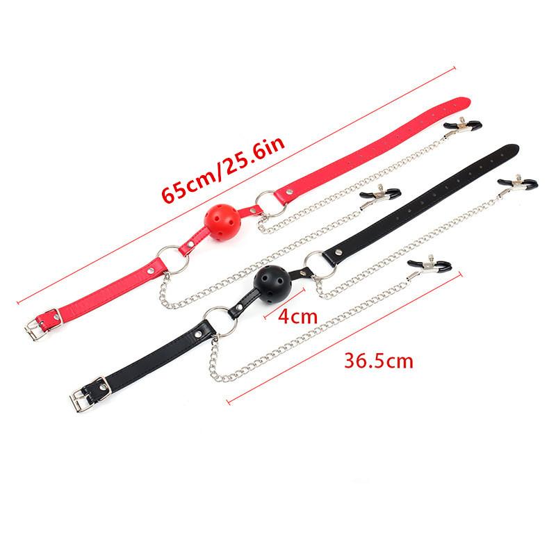 PU Leather Oral Sex Toy with Chain Clip Breast Nipple Clamps Bondage Harness Adult Game - Erotic Toy Mouth Gag Ball