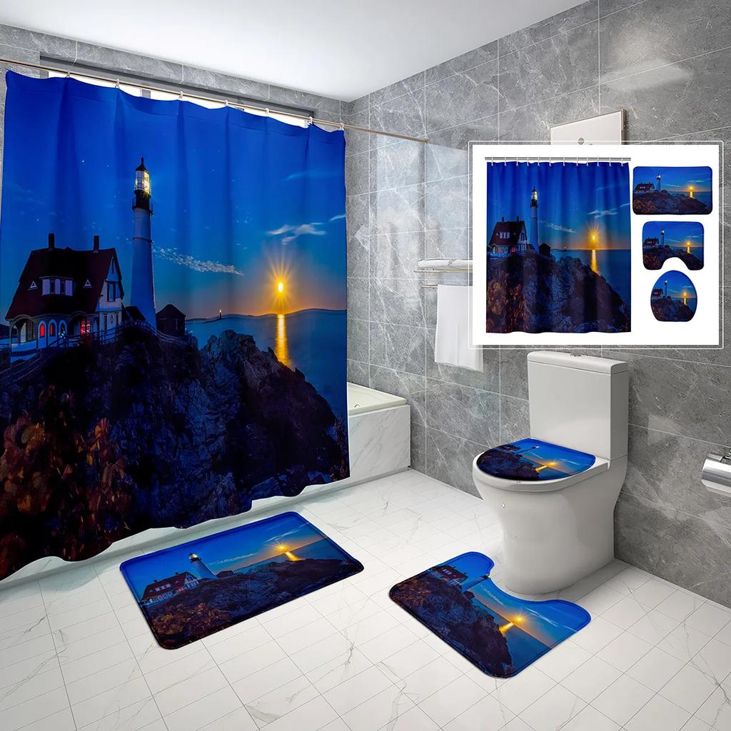 4 Sets Lighthouse Shower Curtain Sets With Non-Slip Bath Mat,Toilet Lid Cover And Coast Seascape Sunrise Shower Curtain Sets