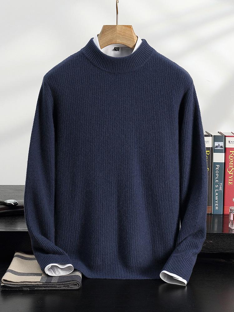Men's Double-Ply Jacquard Cashmere Sweater - Thick, Half-High Neck, Loose Fit for Autumn/Winter Fashion.