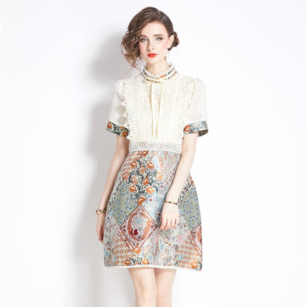 

Летнее винтажное шифоновое лоскутное жаккардовое цельное платье для женщин, мини-платье с короткими рукавами и кружевной вышивкой M бежевый