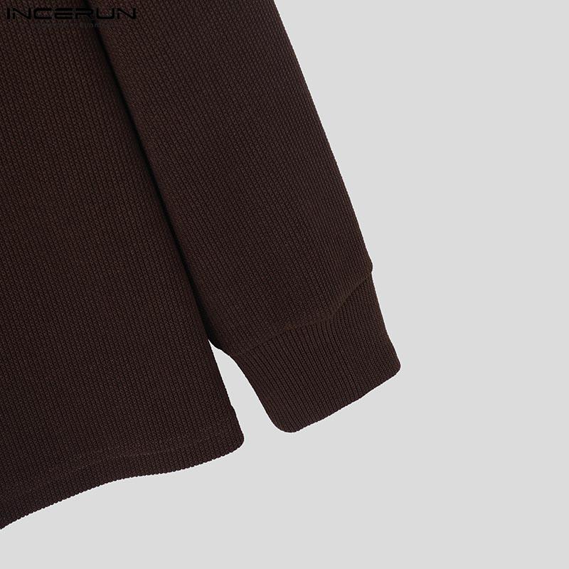 INCERUN Men Buttons Mockneck Long Sleeve Rib Knitted Pullovers Tops