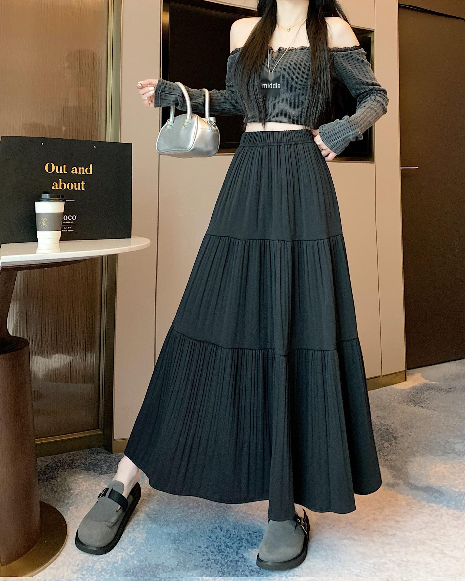 

Plus Size Women s High Waist Wool A-Line Flare Skirt - Autumn/Winter Korean Style 3XL