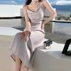 Champagne Satin French Summer Dress with Sway Collar and Spaghetti Straps