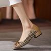 Chidori Plaid Cloth Thick with Square Head Single Shoes Female Metal Buckle Leather Comfortable and Versatile High Heel Women's Shoes Beans Shoes