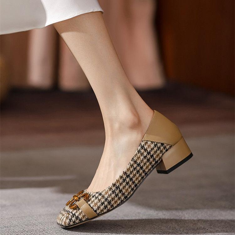 Chidori Plaid Cloth Thick with Square Head Single Shoes Female Metal Buckle Leather Comfortable and Versatile High Heel Women's Shoes Beans Shoes