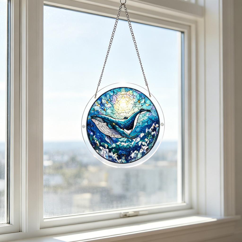 Acrylic Sun Catcher Window Hanging Decoration with Whale Design 2D Circular Shape Pendant for Indoor Outdoor Display and Home Ornament