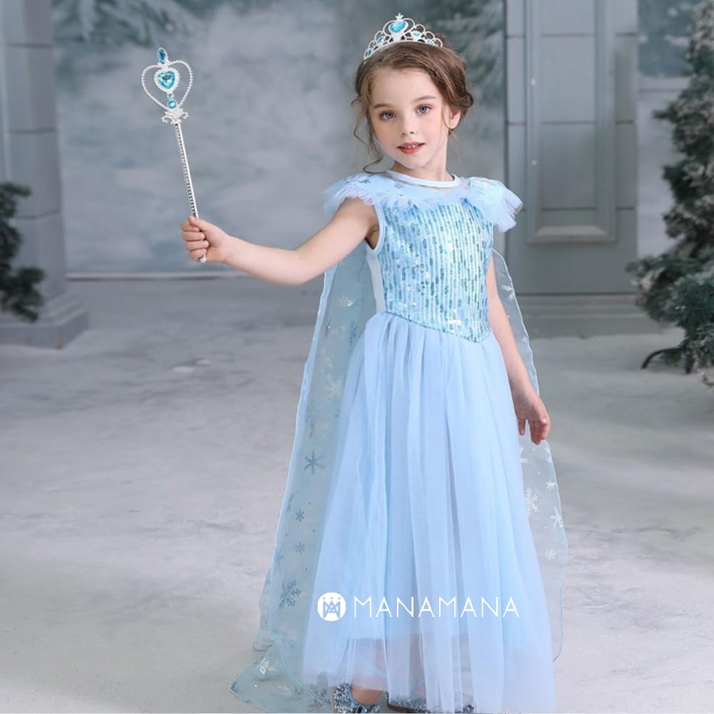 Kinder Prinzessin Kinder Licht 100cm [MANAMANA] Kinderkleid, Kleid, Kleid, Tiara, Schneeflocke, Stab, Handschuhe, 4-teiliges Set, Kostüm, Blau, Mädchen, 100,