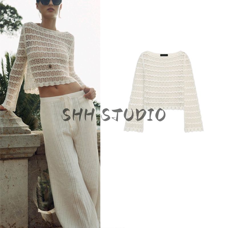 Summer New Product Women's Clothes Cut Out Decoration Elegant French Collar Long Sleeves Lightly Mature Knitwear 6771164