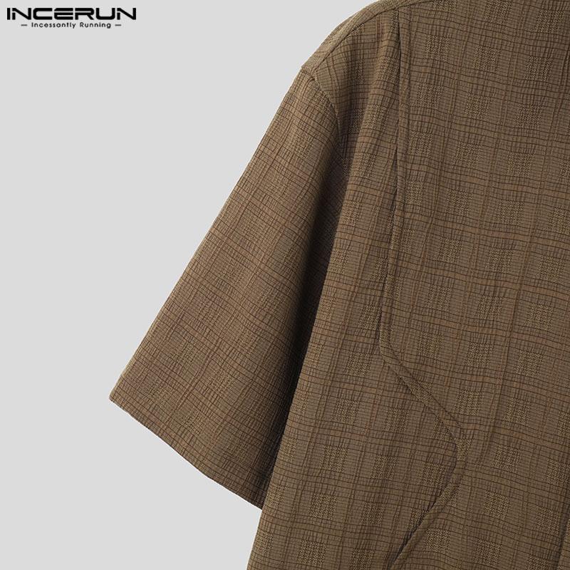 INCERUN Men Turn Down Collar Texture Shirts Plus Size Loose Tops