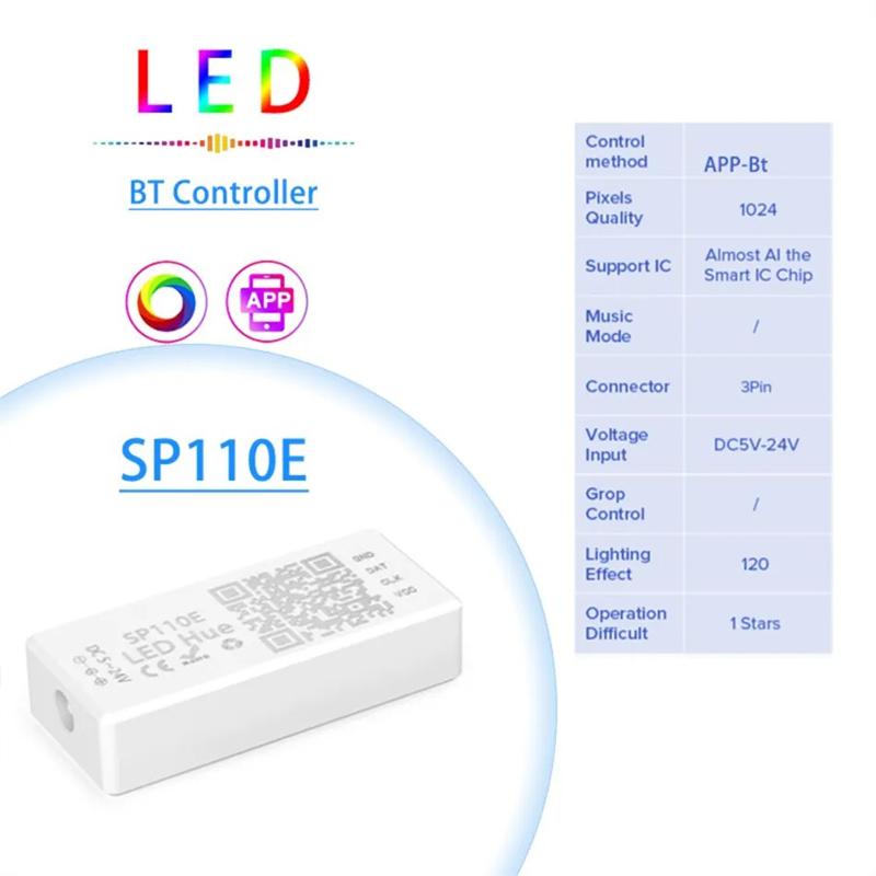 Bluetooth Smart Controler APP 5V 12V 24V 1024 Pixel For WS2811 WS2812B APA102 SK6812 SPI Addressable LED Strip Light SP110E