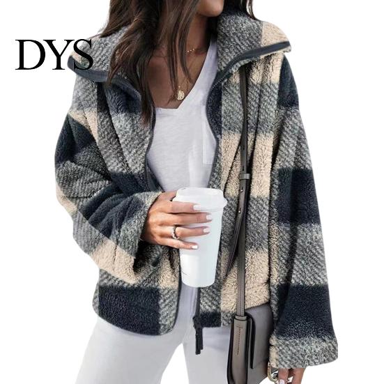 Soft Women Jacket Coat Lapel Long Sleeve Plaid Pattern Loose Fit Zipper Placket Double-Sided Plush Fabric