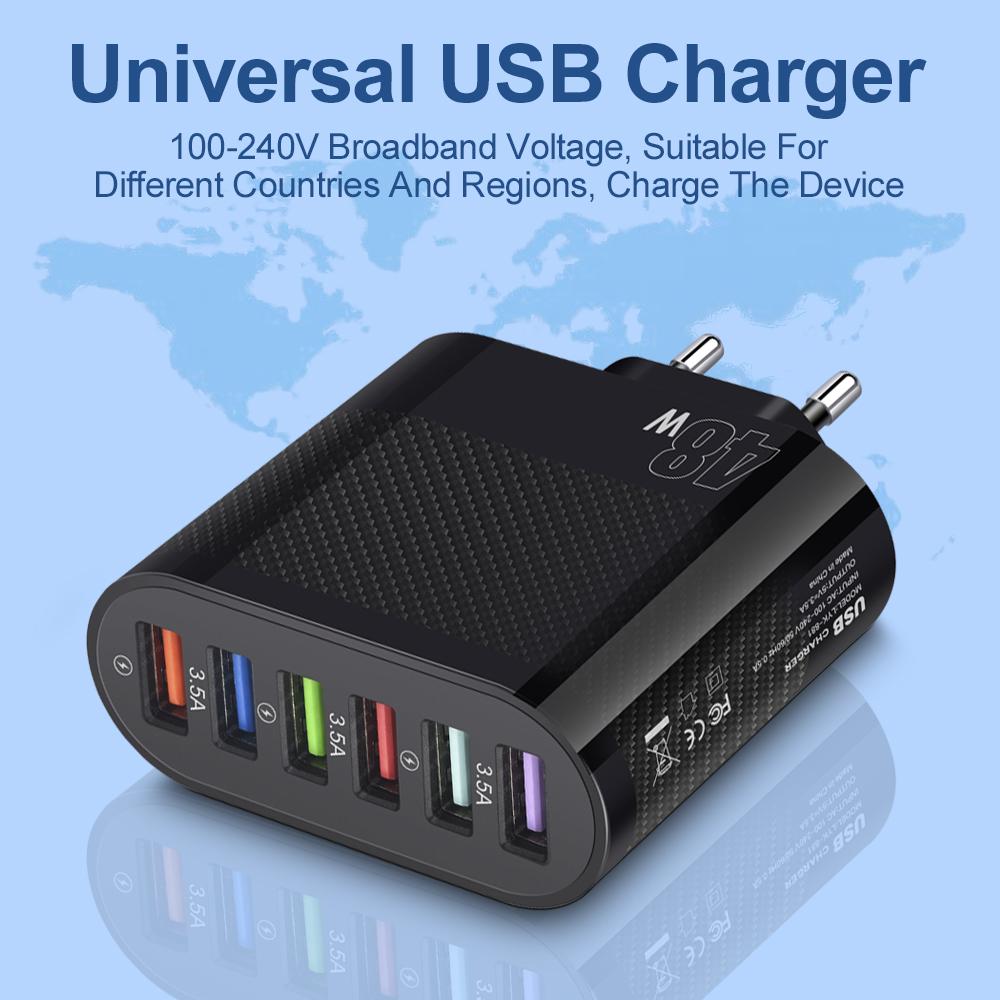 Caricabatterie USB a 6 Porte da 48W con Ricarica Rapida QC3.0 per Telefono Cellulare IPhone 16/15 Samsung Xiaomi Adattatore di Ricarica con Spina UE/USA/UK