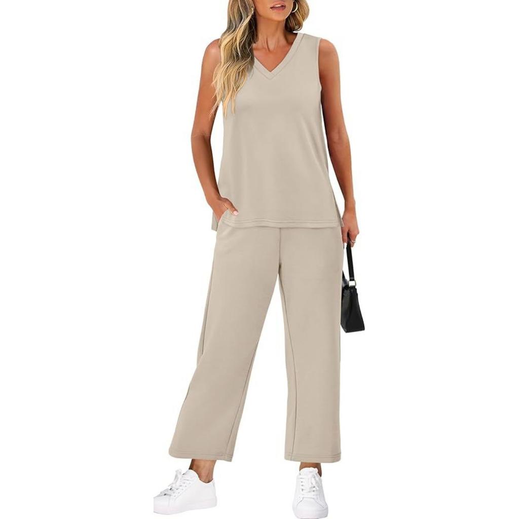 Women's Loose Fit Two Piece Outfit Sleeveless V Neck Tank Top Drawstring Waist Wide Leg Pants Tracksuit